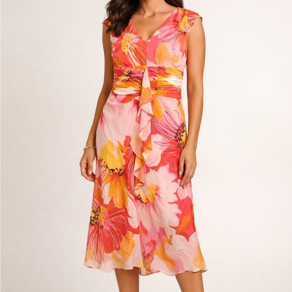 Escada Silk Floral Sleeveless Midi Dress Pink Orange Size 42